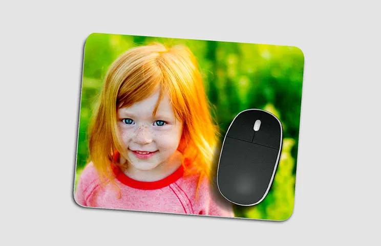 Personalised mouse mat featuring a cute redhead girl, vibrant green background. Create your unique design today!