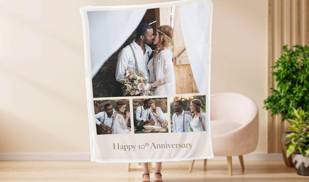 Personalised fleece blanket on sofa