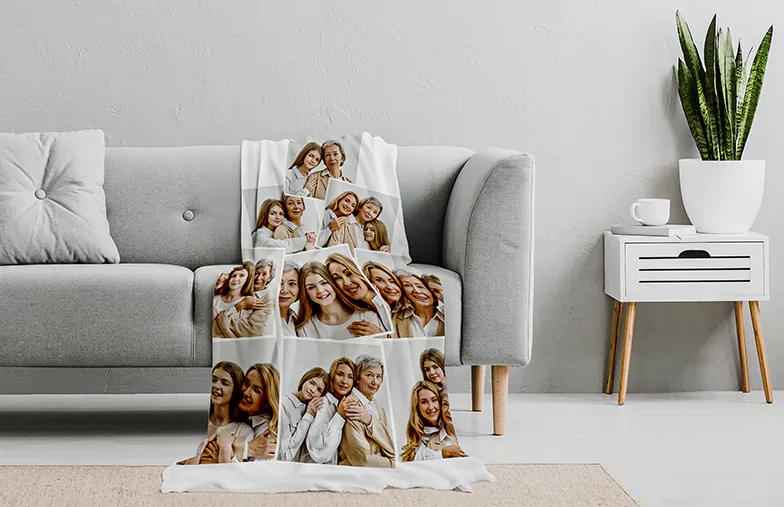 Mink Touch Photo Blanket by Printerpix|Photo Blankets|Large photo blanket on double bed with picture of girl photo|Photo blanket image with size comparison|Photo blanket black and white collage image||||||