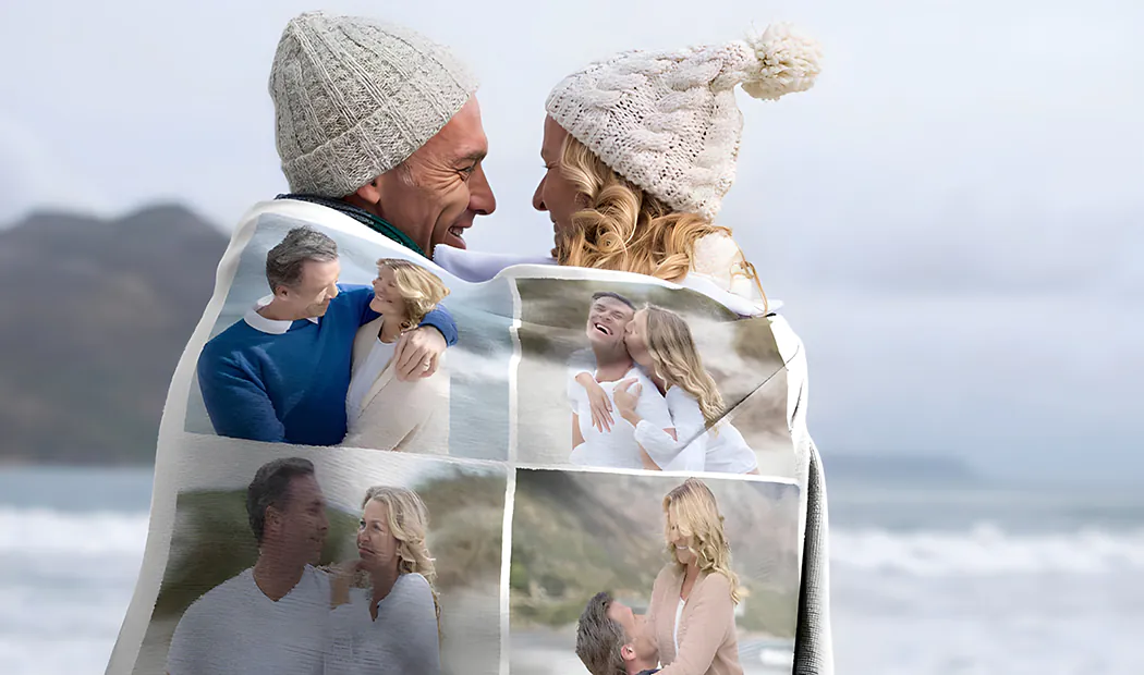 Mink Touch Photo Blanket by Printerpix|Photo Blankets|Large photo blanket on double bed with picture of girl photo|Photo blanket image with size comparison|Photo blanket black and white collage image||||||