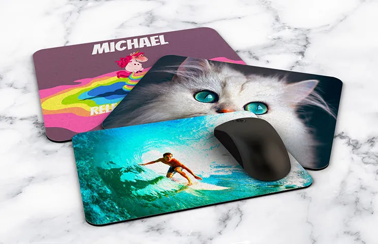 Personalised mouse mats: Vibrant designs, featuring unicorns, cats, & surfers. Create your unique style!