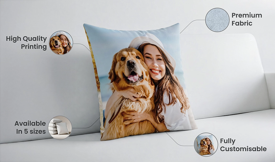 Happy woman hugs personalised cushion featuring a vibrant photo of a couple. Create your unique keepsake!