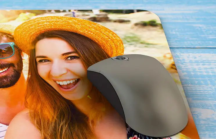 Personalised mouse mat featuring a happy couple, summer holiday photo. Unique design, your picture!