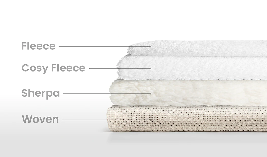 Layers of fleece, cosy fleece, sherpa & woven fabric. Cosy, personalised comfort.