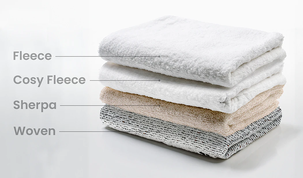 Soft fleece, cosy fleece, sherpa & woven fabrics stacked. Personalised comfort, your perfect texture awaits.