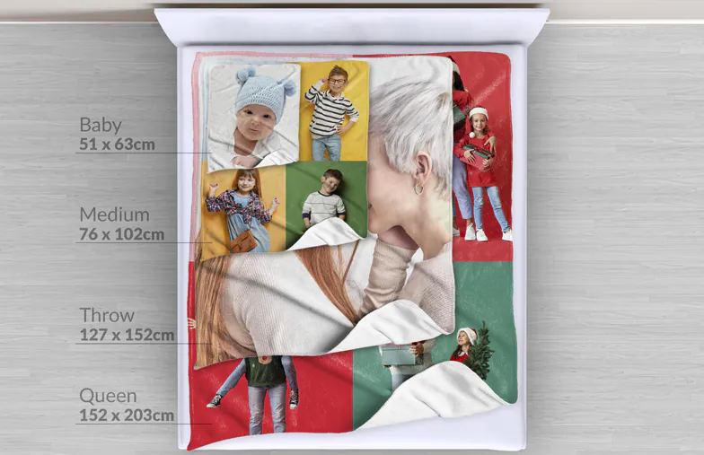 Cosy personalised photo blanket. Multiple sizes available. Features family photos in a festive design.