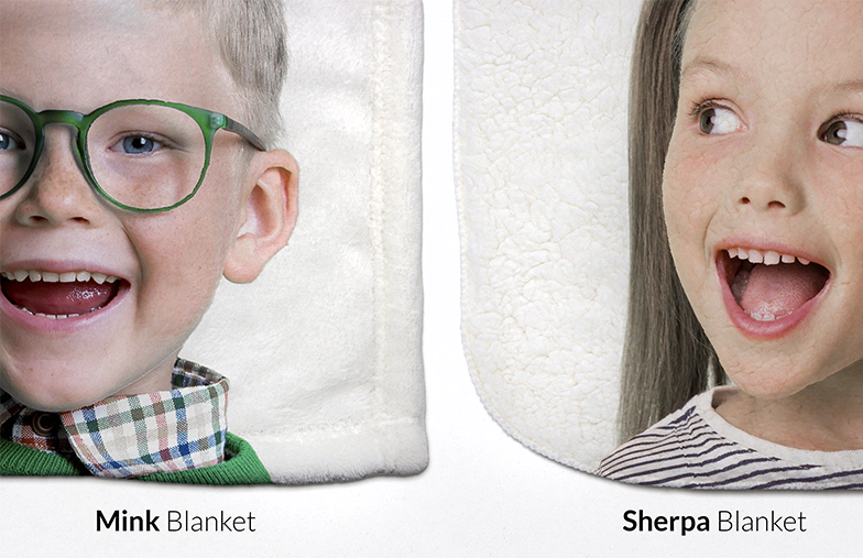Personalised mink & sherpa blankets: kids' faces printed on super-soft fabric. Unique gifts!